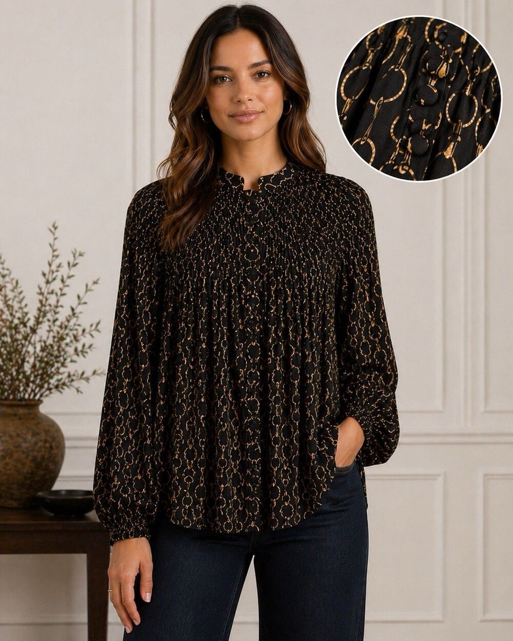 Ralph Lauren LRL Black Gold Chain Print Top Smocked Flowy Blouse Size XL